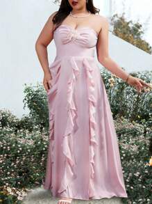 SHEIN Belle Plus Size Solid Color Strapless 3d Flower Lace Dress, Wedding Guest Dress - Pink - View 4