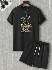 NITAGUT 男士標語小熊圖案休閒短袖t卹+短褲套裝 - 黑色 - 查看 1