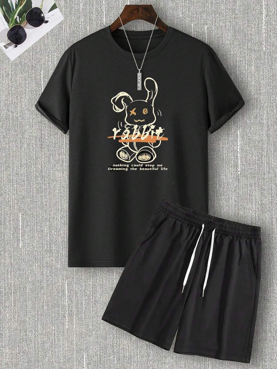 NITAGUT 男士標語小熊圖案休閒短袖t卹+短褲套裝 - 黑色 - 查看 1