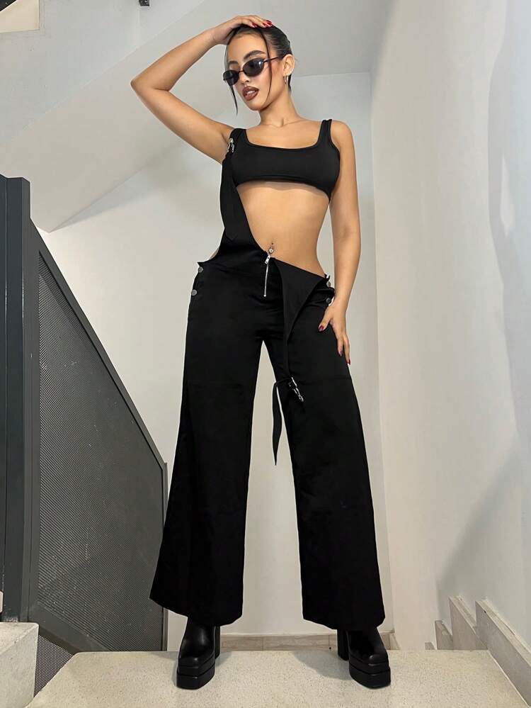 Summer Spring Outfits 2pcs/Set Knitted Ultra Black Crop Top And Cargo Overall Pants