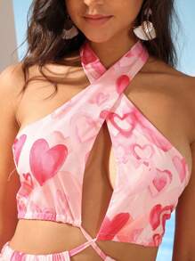 GENKIRA Romantic Heart Print Cross Halter Waist-Baring Vacation Dress - Multicolor - View 7