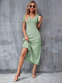 SHEIN Clasi Women's Simple Solid Color V-Neck Short Sleeve Dress With Pockets - Mint Green - View 4