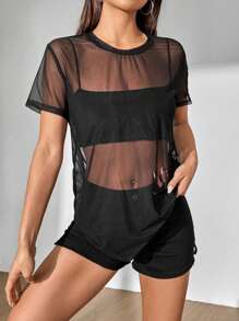 SHEIN Unity Women's Round Neck Short Sleeve Mesh Top - Black - View 3