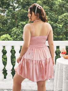 Dreamara Plus Size Cerise Pink Summer Cute Wedding Guest Satin Lace Ruffle Hem A-Line Cami Dress, Corset Style Bodycon Vacation Beach Pleated Dresses - Pink - View 2