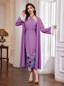 Modelyn 花卉印花露背连衣裙，配有毛绒袖口和前开式夹克 2 件套 - 紫色 - 查看 6