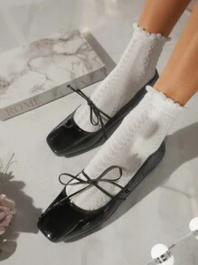 SHUZIA 优雅黑色漆皮 PU 皮革时尚别致蝴蝶结方头平底鞋圣诞秋冬款 - 黑色 - 查看 4