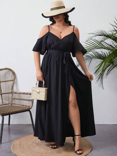 SHEIN VCAY Plus Size Solid Color Off-The-Shoulder Split Hem Dress,Beach Dress Sundress,Holiday Outfits Boho