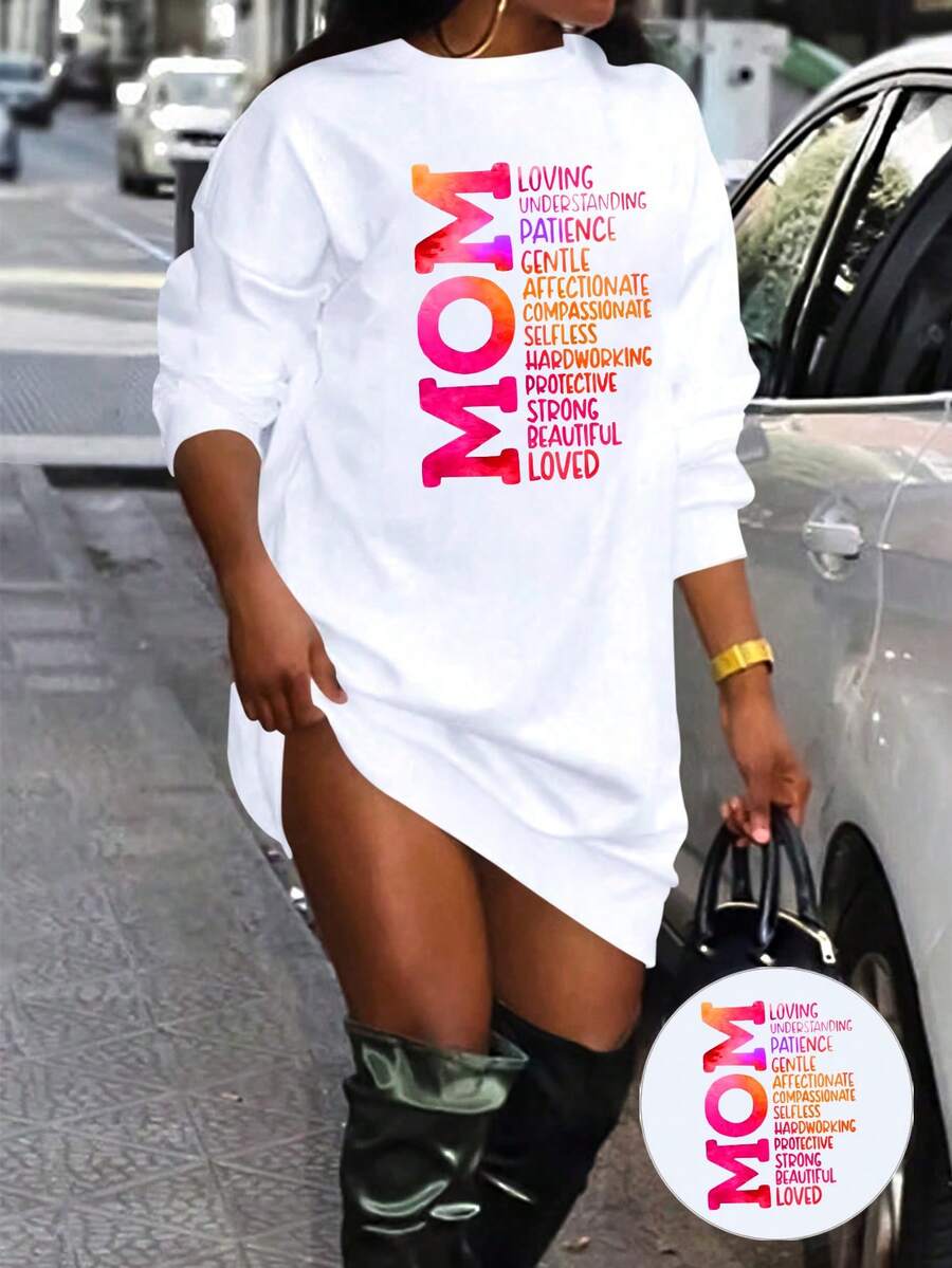 Plus Size Women's Slogan Printed T-Shirt Dress - White - View 1