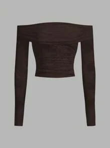 SHEIN x Carly Lawrence SHEIN BAE Sexy See-Through Lace Splicing Off Shoulder Long Sleeve T-Shirt For Romantic Valentine's Day Date,Ladies Sexy Ruched,Sheer Regular Sleeve Off The Shoulder Slim Fit Coffee Brown Plain Women Tops,Spring/Fall,Casual Daily Wear