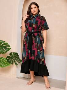 Mulvari Plus Size Women's Printed Shirt Dress With Patchwork Design - Multicolor - View 4