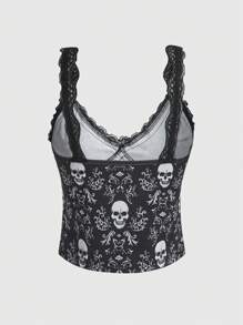 ROMWE Goth Skull Print Contrast Lace Cami Top - Black and White - View 2