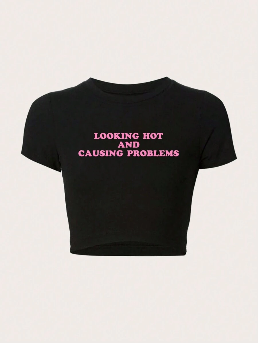 SHEIN Unity Áo thun crop top tay ngắn Slim Fit có in slogan trông HOT và GÂY VẤN ĐỀ - màu đen - Xem 1