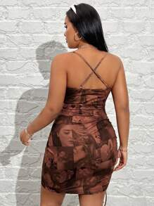 SHEIN EZwear Women's Plus Size Portrait And Flower Pattern Dress - Black - View 2