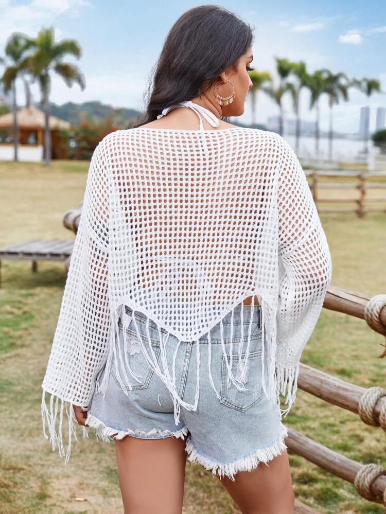 Plus Size Solid Color Hollow Out Fringe Decor Knit Top