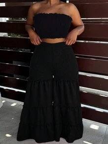 Breezaya Plus Size Women's Textured Strapless Top And Flared Pants Two Pieces Set