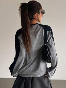 DAZY Color Block Long Raglan Sleeve T-Shirt With Star Pattern Y2k Long Sleeve Women Tops - Multicolor - View 5