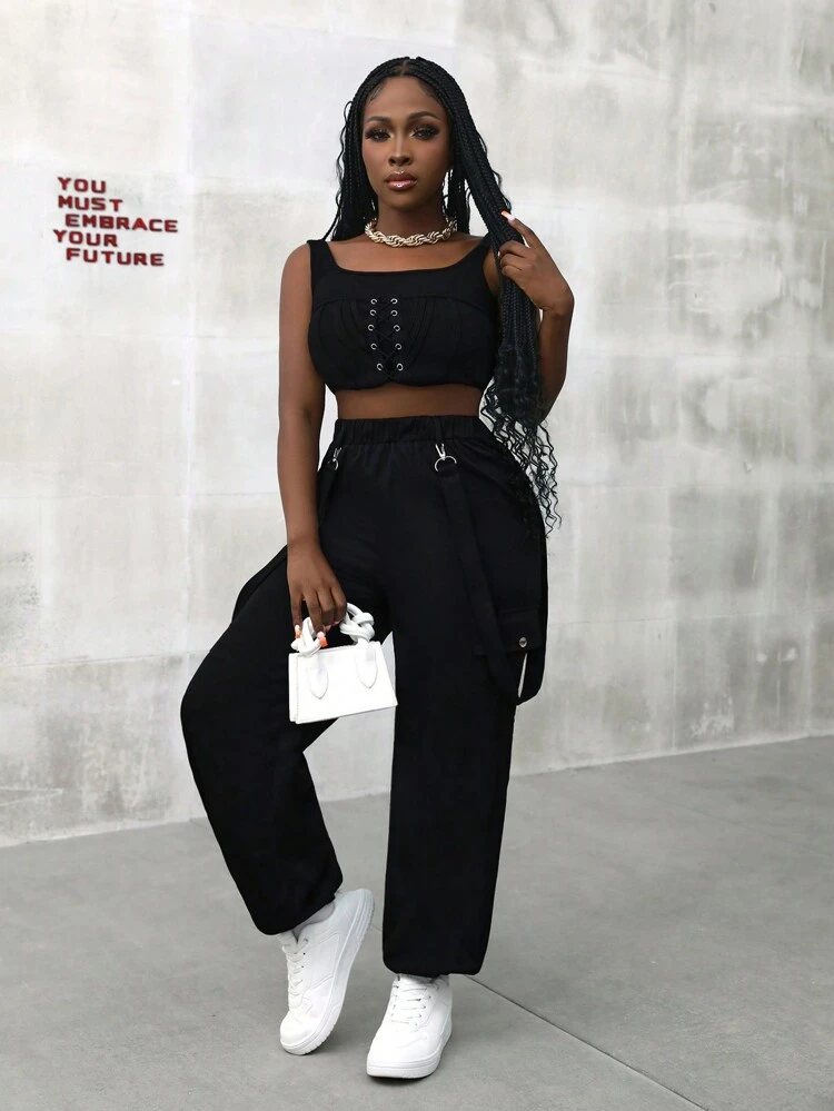 Streetwear Drawstring Pocket Black Casual Women Sports Pants