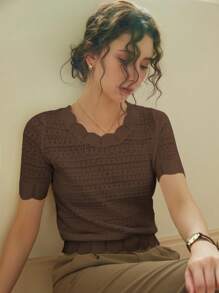 Knit Mix Elegant Women's Blouse, Distinctive Lace Trim Round Neck Hollow Out Short Sleeve Fitted T-Shirt, Suitable For Petite Figures, Solid Color, Casual/Work Appropriate, Spring/Summer Top, Subtle Vintage Cream Color, Back To School Spring/Summer Wear, Also Suitable For Casual Occasions Like Christmas, Thanksgiving And New Year. - Brown - View 1