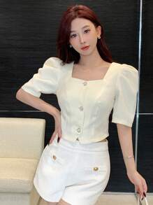 DAZY Women's Square Neck Puff Sleeve Blouse ,New Year Eve,Crop Tops Women