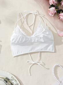 SHEIN Spitzenbesatz Crop-top Für Damen Für Alle Vier Jahreszeiten, Als Halterneck-top Tragbar - Weiss - Übersicht 6