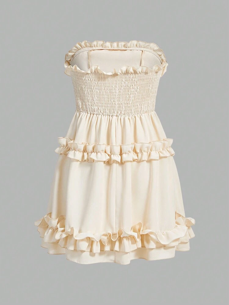 Women'S Solid Color Frill Trim Bandeau Dress Ruffle Dress