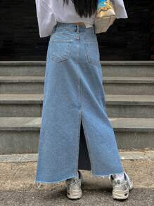 DAZY 宽松休闲牛仔半身裙，开衩设计，毛边下摆，斜插口袋，返校季必备牛仔半身裙 - 藍色 - 查看 2