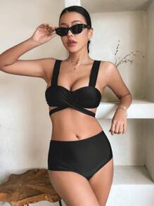 DAZY Women's Solid Color Criss-Cross Strap Bikini Set Summer Beach,Tankini Bathing Suit Vacation - Black - View 2