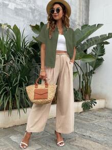 SHEIN LUNE Camisa de manga murciélago con parche de bolsillo - Verde militar - Ver 5