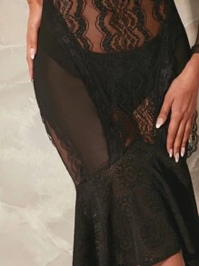 Hauture Vestido De Malla Para Mujer Con Encaje Y Volantes - Negro - Ver 4