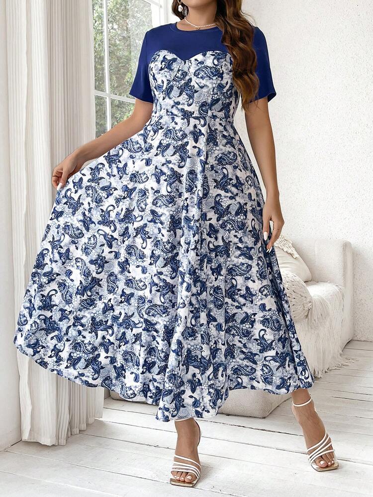 Plus Size Cashew Flower Print Patchwork Dress