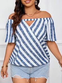 SHEIN Frenchy Kích thước lớn Của phụ nữ Sọc Off-shoulder Ngắn tay Áo sơ mi - Xanh và trắng - Xem 5