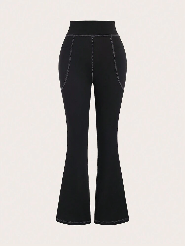 Flared Pants With Visible Stitching And Wide Waistband Fall Cloth For Women