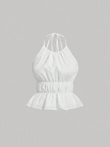 SHEIN MOD Women's Halter Neck Top With Cut-Out Back, Scalloped Hemline And Eyelet Embroidery - White - View 1