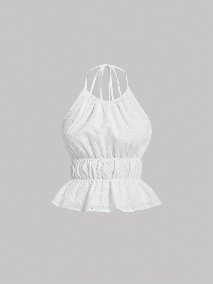 SHEIN MOD Women's Halter Neck Top With Cut-Out Back, Scalloped Hemline And Eyelet Embroidery - White - View 1