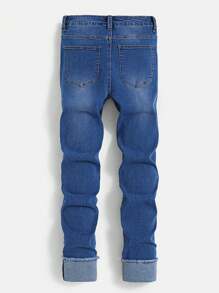 SHEIN Teen Boy Ripped Frayed Washed Blue Denim Jeans, For Spring And Summer Outfits - Dark Wash - View 2