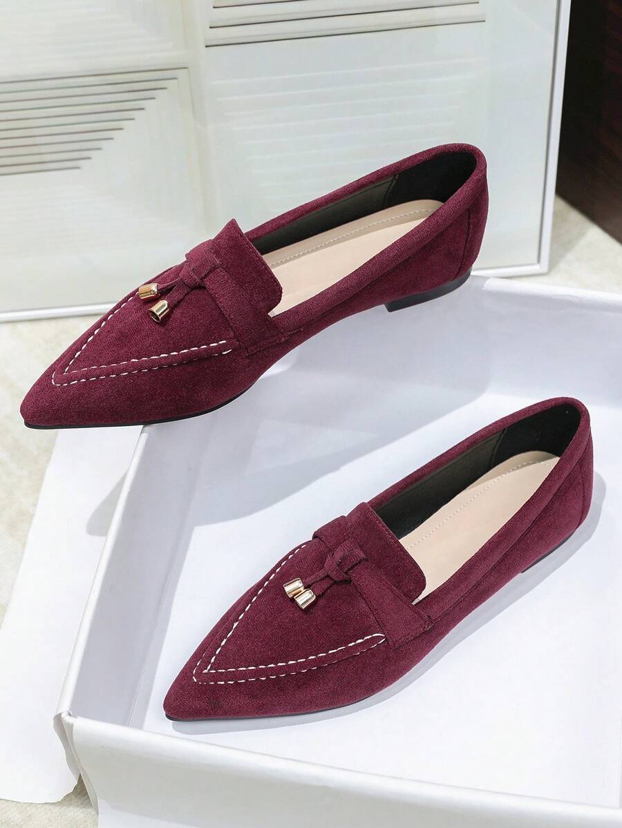 2024新款女士平底泵鞋,舒適柔軟的經典英式工作、休閒款式,尺寸適用大腳碼41-43號,女士尖頭鞋 - 酒紅色 - 查看 1