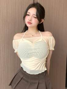 Dazy Designer Women's Solid Color Halter Neck Loose Fit Short Sleeve Top With Sheer Design, Summer - Beige - View 9