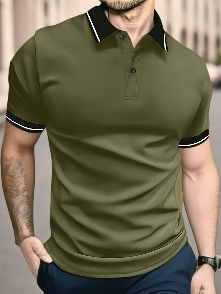 Men's Casual Contrast Color Block Short Sleeve Polo Shirt - Army Green - View 1
