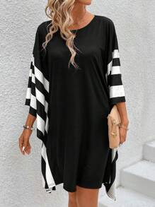 SHEIN LUNE Summer Music Concert Black Striped Casual Loose Women's Dress For Sports And Leisure - Black - View 4