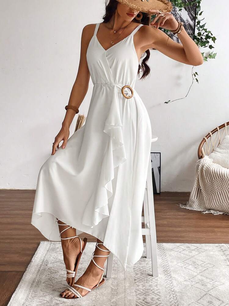 Women's Splicing Asymmetrical Hem Ruffle Trim Sleeveless Dress With Shoulder Straps