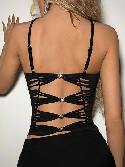 SHEIN ICON Going Out Tops Women's Metal Accessory Decorated Strappy Back Burnout Woven Cami Top