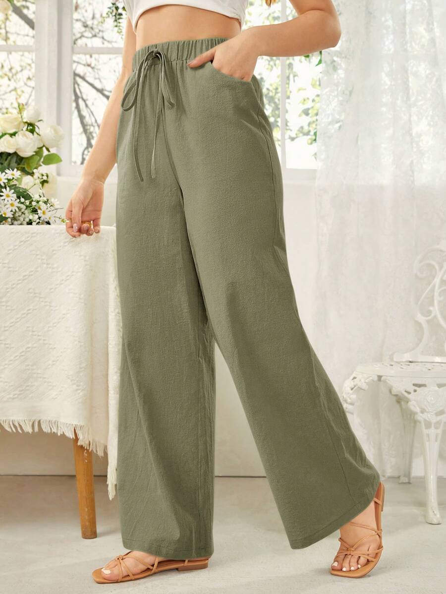 SHEIN Essnce Solid Color Elastic Waist Slant Pocket Straight Leg Pants - Army Green - View 1