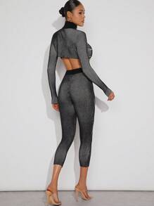Hauture Ribbed Mock Neck Zip Top & Pants Set - Multicolor - View 2