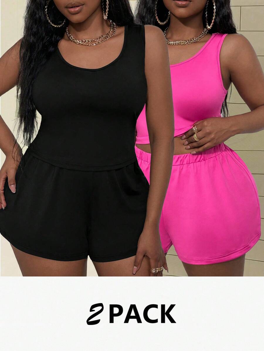Slaydiva 大尺碼女士單色背心短褲套裝,多件組合 - 彩色 - 查看 1