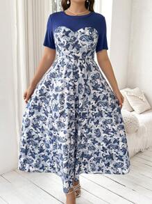 Mulvari Vestido De Talla Grande Con Estampado De Flores De Anacardo Y Parches