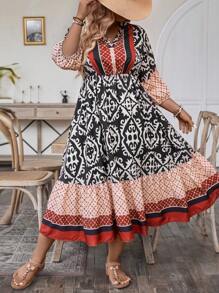 SHEIN LUNE 大尺碼女士西部風格全印花主教袖洋裝 - 彩色 - 查看 5