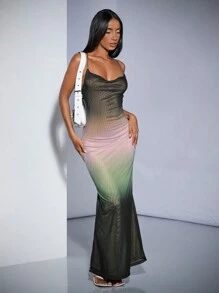 SHEIN BAE 女士漸層風魚尾網紗無背肩帶連衣裙 - 綠色 - 查看 4