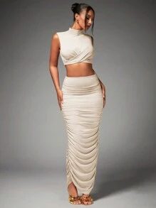 SHEIN BAE Conjunto De Dos Piezas Con Detalle De Volantes En El Cuello Medio Alto Para Mujer, Para La Fiesta De Víspera De Año Nuevo