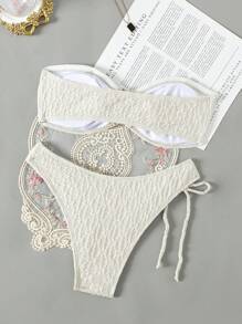 SHEIN Swim 纯色纹理露肩比基尼泳装套装夏季 - 白色 - 查看 2