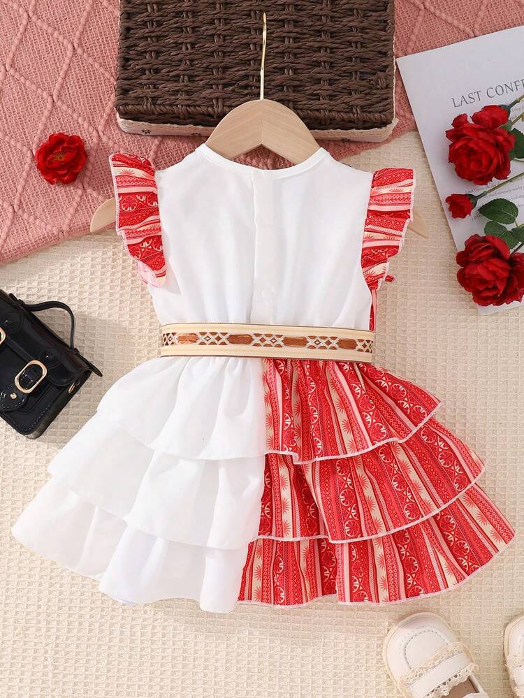 Summer Newborn Baby Girls' Bohemian Style Geometric Printed Patchwork Dress With Flutter Sleeves